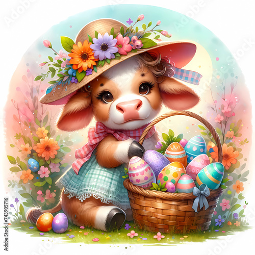 A charming illustration of a young calf adorned with a flower hat, sitting beside a basket filled with vibrant Easter eggs. Easter illustration of young cow with a basket of colored Easter eggs
