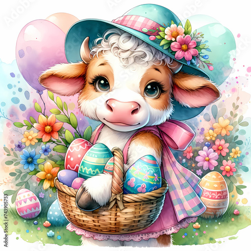 An adorable illustration of a calf wearing a hat and carrying a basket of Easter eggs, surrounded by colorful spring flowers. Illustration of young cow with a basket of colored Easter eggs