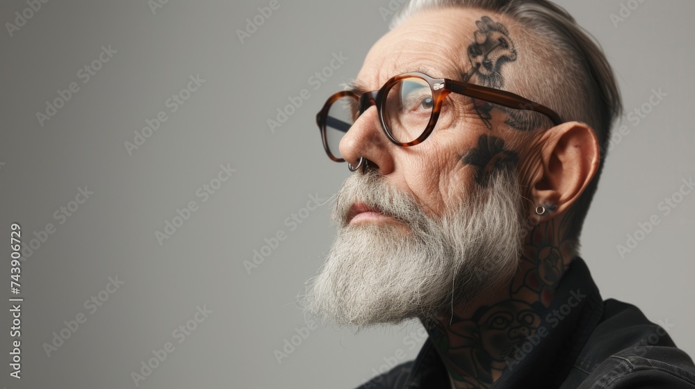 Senior silver-haired man showcasing his extensive tattoos, each a chapter of life etched into his skin, exuding a narrative of experiences and resilience. Elderly stylish aged model - obrazy, fototapety, plakaty 