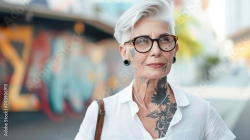 Elegant Senior Woman with Neck Tattoo.  A sophisticated elderly woman, with intricate neck tattoos gazes upward, trendy look
