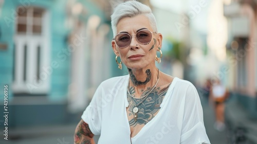 Elegant Senior Woman with Neck Tattoo. A sophisticated elderly woman, with intricate neck tattoos gazes upward, trendy look