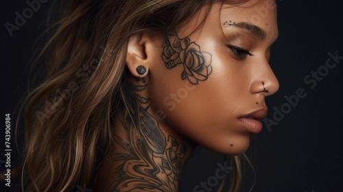 Tattooed portrait young woman. A striking close-up of a woman, her bold facial tattoos, embodying a blend of traditional and contemporary aesthetics