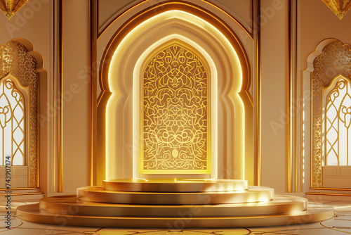 islamic 3d podium round stage for eid mubarak, ramadan kareem, muharram, iftar. islamic podium banner for product display, presentation, cosmetic, ramadan sales.