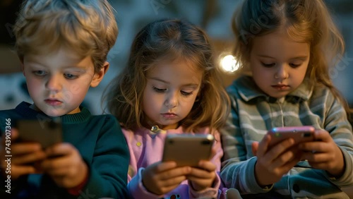 Group of children is captured in nature, but instead of enjoying the surroundings, they are glued to their smartphones, engrossed in digital media photo