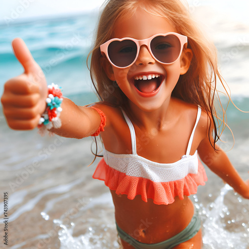 A girl wearing a swimsuit is smiling and enjoying playing in the sea