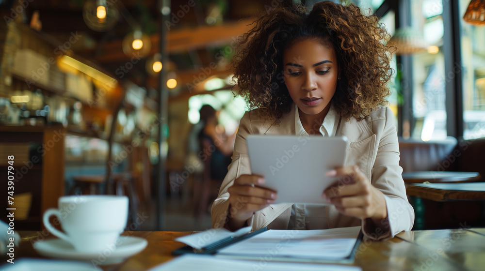 Businesswoman is deeply focused on her tablet while sitting in a cafe, with a cup of coffee nearby. Businesswoman is deeply focused on her tablet while sitting in a cafe, with a cup of coffee nearby.
