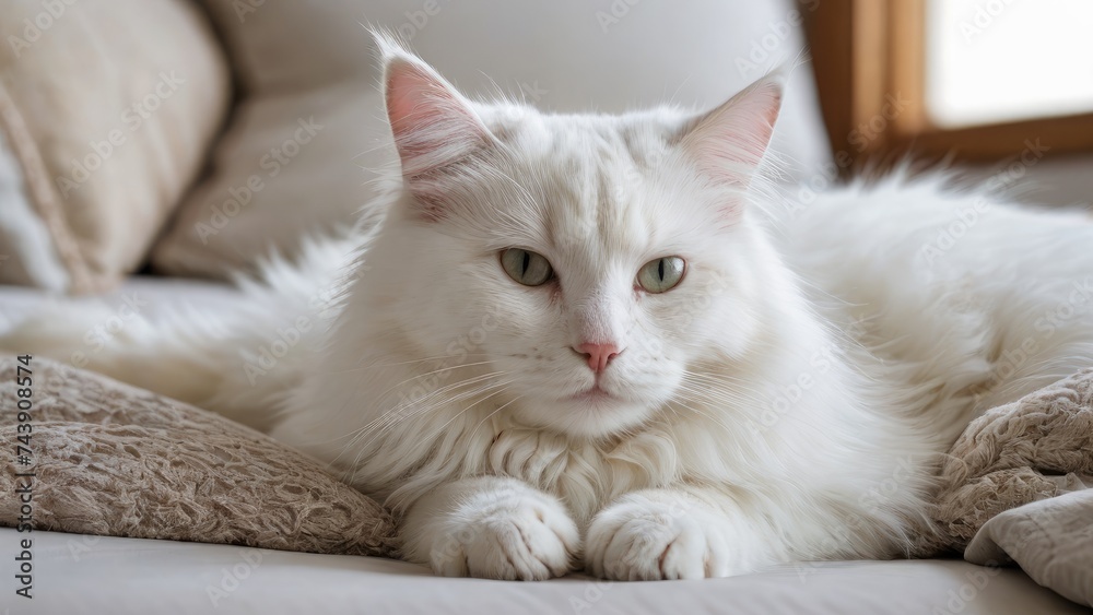 White norwegian forest cat lying on bed in the bedroom White norwegian forest cat lying on bed in the bedroom