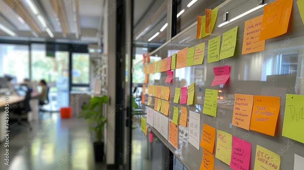 Dynamic teamwork environment with post-it notes for organization on glass panels in a modern office.
