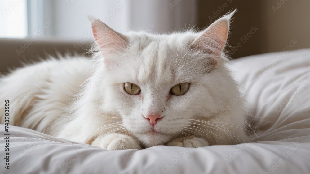 Fototapeta premium White norwegian forest cat lying on bed in the bedroom