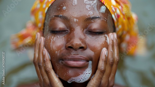 An African woman washes her face with water. Everyday routine.