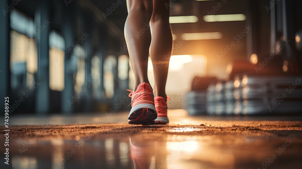 Woman runner practicing on electric treadmill Woman runner practicing on electric treadmill