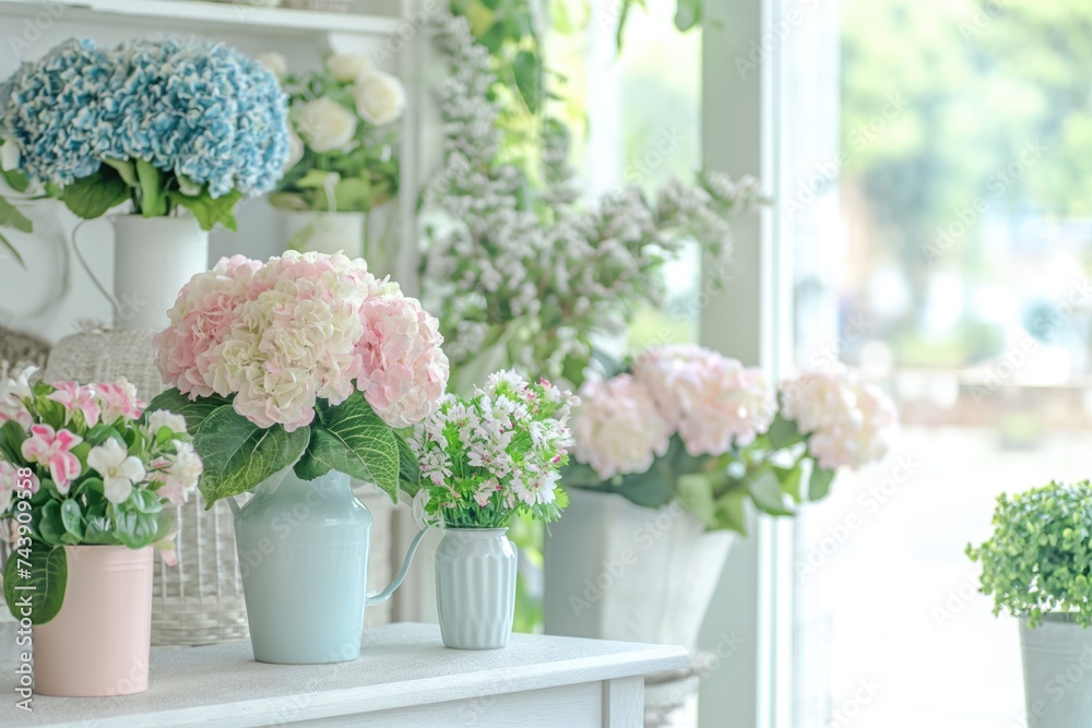 A charming flower shop filled with bright light showcases elegant bouquets of roses and mixed blooms in soft pastel colors..