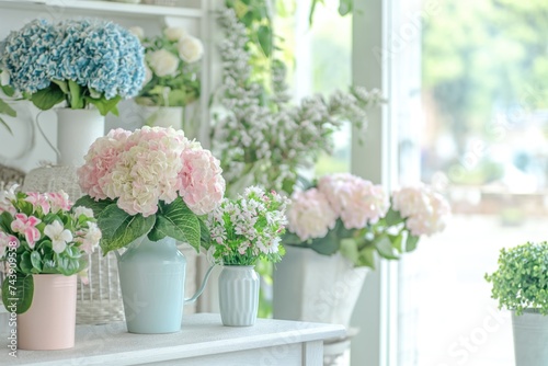 A charming flower shop filled with bright light showcases elegant bouquets of roses and mixed blooms in soft pastel colors..