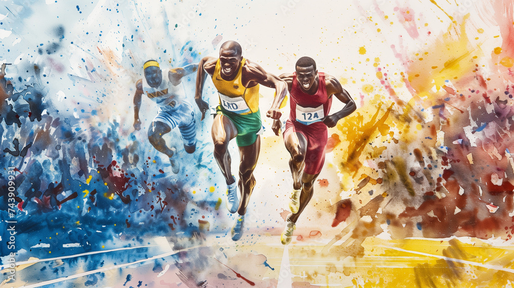 Dynamic artistic illustration of three African male athletes sprinting in a race, with vibrant watercolor splashes, suitable for sports themes and backgrounds with copy space