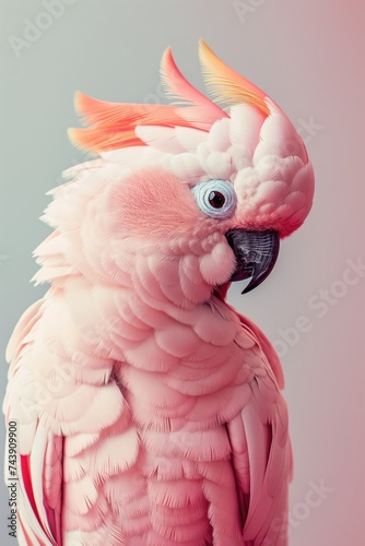 A close-up of a stunning pink cockatoo with its crest raised, posing against a soft pastel pink background.. © netrun78