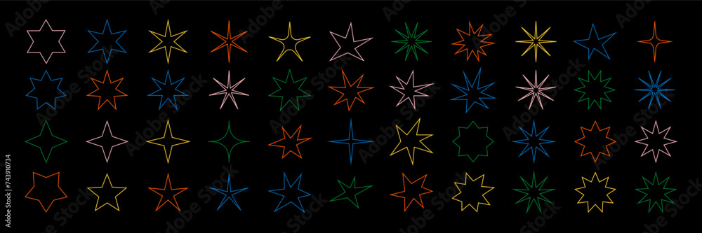Brutalism stars. Minimalistic geometric bright outline stars on a black background. Contemporary forms. Isolated floral elements silhouettes. Abstract contour shapes. Vector graphic set illustration Brutalism stars. Minimalistic geometric bright outline stars on a black background. Contemporary forms. Isolated floral elements silhouettes. Abstract contour shapes. Vector graphic set illustration