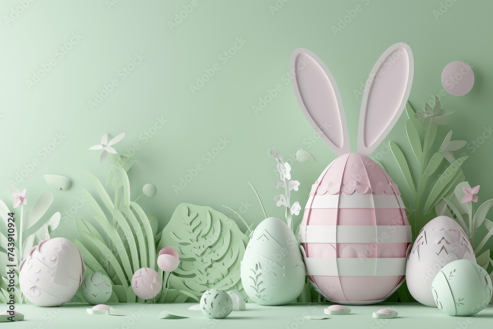 Easter-themed decoration with pastel eggs, bunny ears, and spring flowers casting soft shadows on a light green background.. Easter-themed decoration with pastel eggs, bunny ears, and spring flowers casting soft shadows on a light green background..