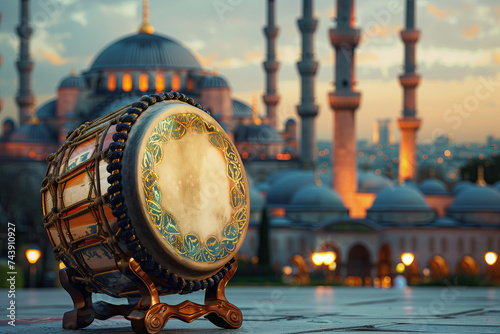 ramadan drum is in the foreground with a old city building in the background