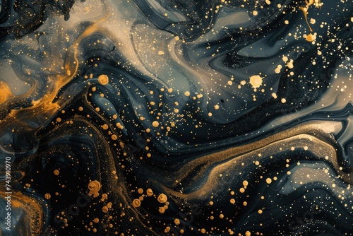 Colorful abstract background with gold smoke underwater explosion swirling ink.