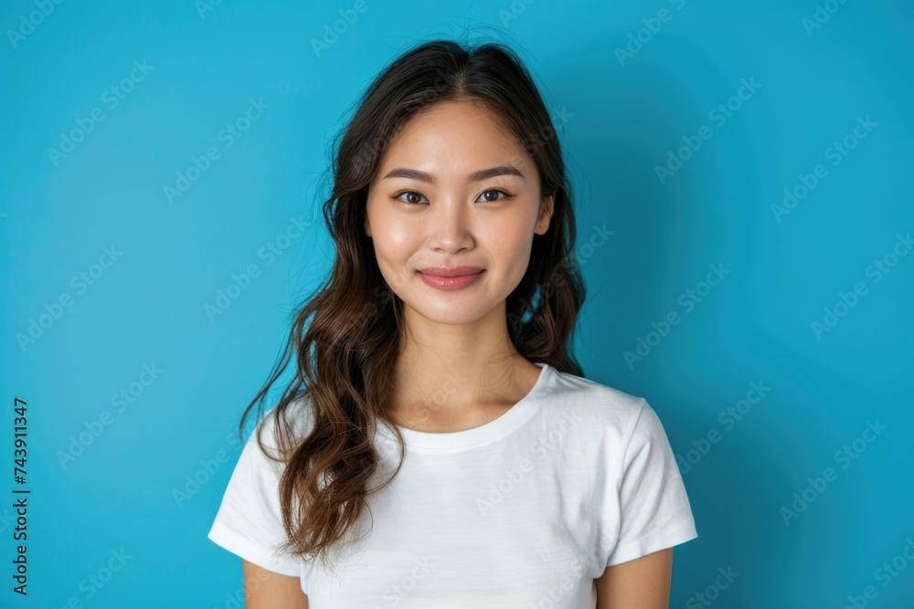 Cheerful girl with empty space ad on blue background. Cheerful girl with empty space ad on blue background.