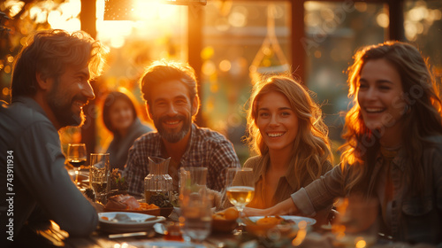 Cozy family gathering, laughter and warmth, golden hour ambiance.
