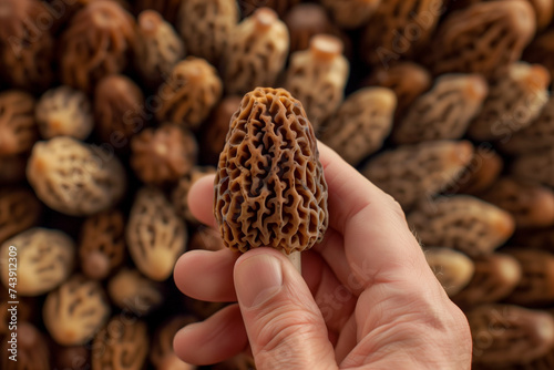 Close-up of a hand holding a morel mushroom with a blurred background of varied mushrooms, ideal for culinary and foraging themes with copy space