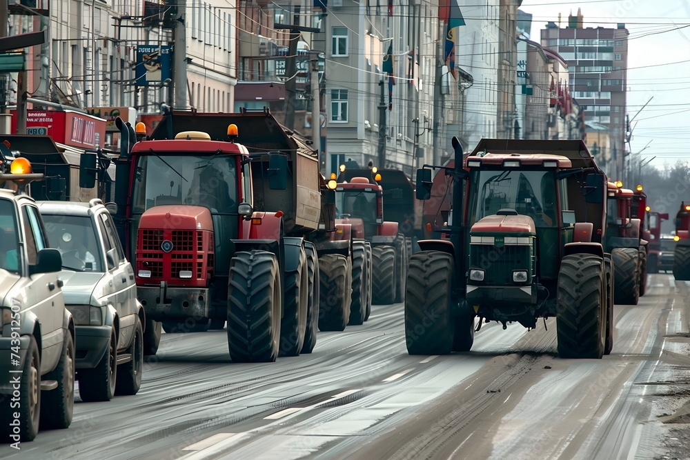 A row of tractors rebelling and blocking traffic in a city A row of tractors rebelling and blocking traffic in a city