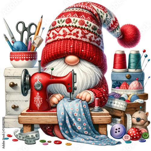 Cute gnome wearing a red hat is sewing. Transparent background.
