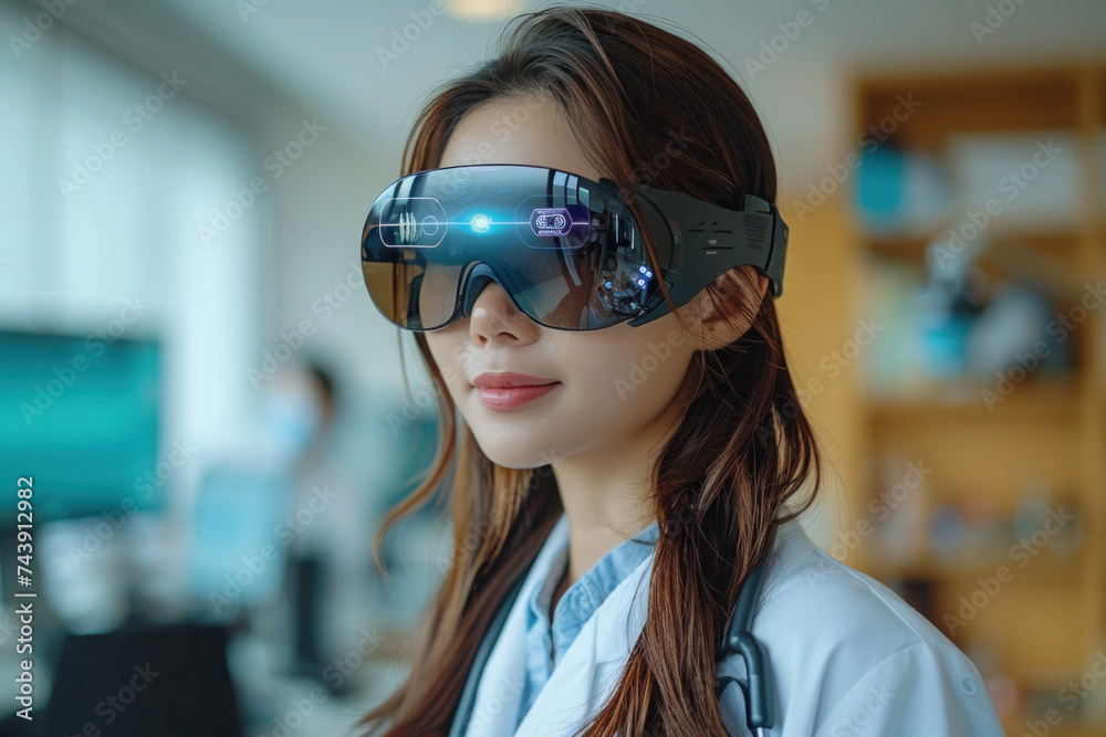 Asian woman doctor with stethoscope in 3D virtual glasses in modern hospital Asian woman doctor with stethoscope in 3D virtual glasses in modern hospital