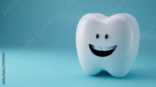 3D illustration of a smiling cartoon tooth character on a gradient blue background with copy space, ideal for dental health and hygiene concepts