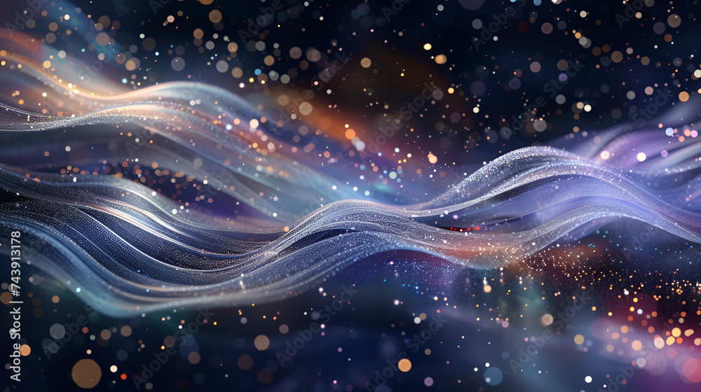 dark cold waves, starry, colourful dust backdrop, movement, digital art, silk, beautiful glowing bokeh light effects, shimmering, volume dark cold waves, starry, colourful dust backdrop, movement, digital art, silk, beautiful glowing bokeh light effects, shimmering, volume