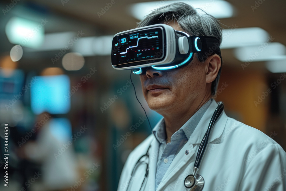 Asian man doctor with stethoscope in 3D virtual glasses in modern hospital Asian man doctor with stethoscope in 3D virtual glasses in modern hospital