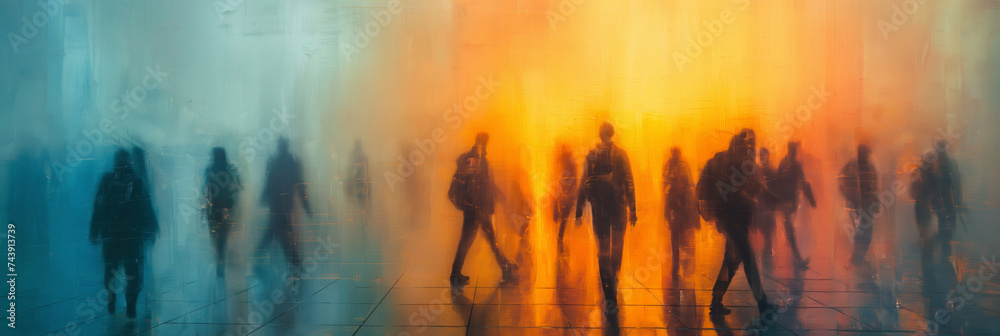 Art abstract people walking in the city. Minimalism. Wall poster print template. Painting art. Hand drawn by dry brush of paint background texture. Artistic pattern. - obrazy, fototapety, plakaty 
