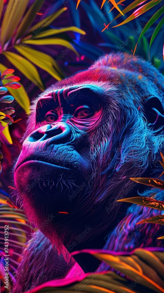 Neon gorilla gazing thoughtfully in a neon jungle