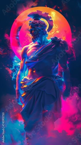 Produce an electrifying representation of the Roman god Mars the god of war embodying strength and power in neon hues