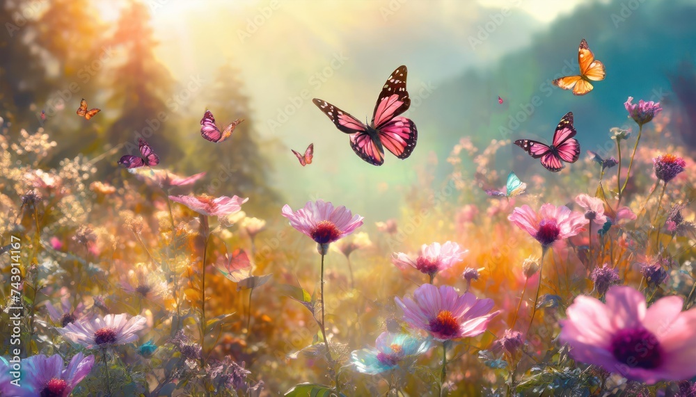  flying many pink butterflies and meadow flowers in early sunny fresh morning. Vintage autumn