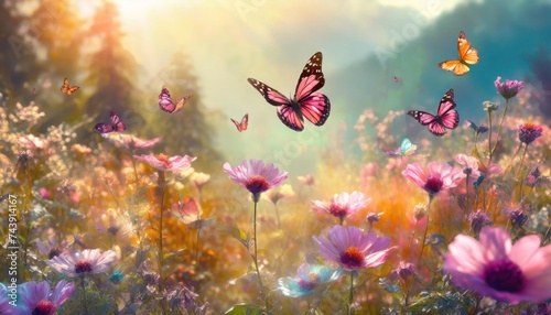  flying many pink butterflies and meadow flowers in early sunny fresh morning. Vintage autumn © blackdiamond67