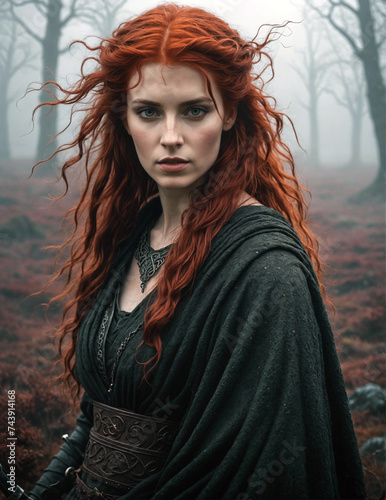 Boudicca as a personification of the celtic pagan goddess Bouda, stood in an atmospheric misty forest background photo