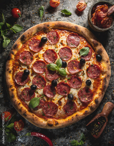 Pizza Diavola mit scharfer Salami Peperoni und Oliven meisterhaft auf dunklem Granittisch arrangiert Darkfood-Ästhetik vereint pikante Aromen mit intensiven Farben