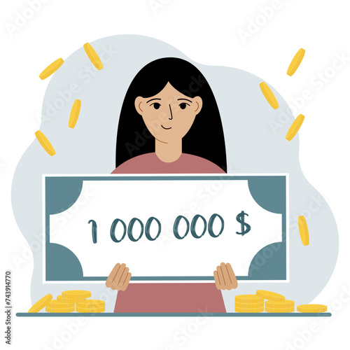 Jackpot, the concept of winning cash money. Happy smiling woman holding a certificate for one million dollars in his hands. Feeling excited, celebrating a win.