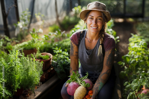 Portrait of a smiling, tattooed gardener in her thirties in her greenhouse, who has just harvested her organic vegetables. Generative ai