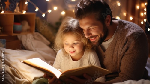 Father reading bedtime story to her little child