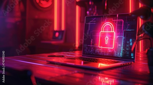 Cybersecurity. Padlock on a desk displaying on Laptop. Cyber attack on computer network, Virus, Spyware, Malware or Malicious software. Cybercrime. Compromised information internet. Generative AI