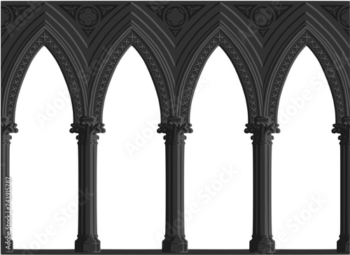 Gothic decorated arcade painting. Grey scale illustration of ornamented triforium  vector