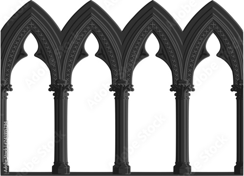 Gothic decorated arcade painting. Grey scale illustration of ornamented triforium; vector