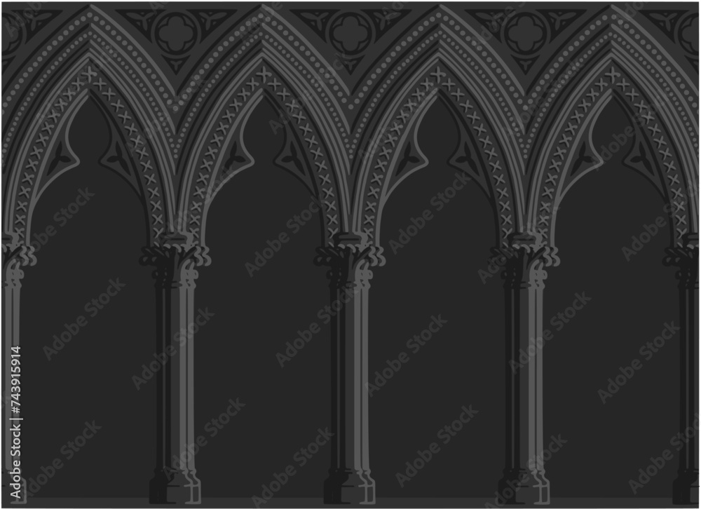 Gothic decorated arcade painting. Grey scale illustration of ornamented triforium; vector