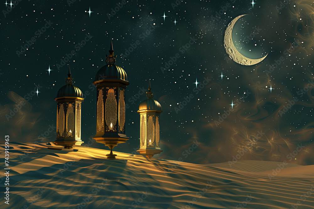 three arabian lanterns in the sand with crescent moon and twinkling stars. ramadan kareem holiday celebration concept three arabian lanterns in the sand with crescent moon and twinkling stars. ramadan kareem holiday celebration concept