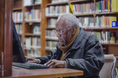 Elderly Man Researching on Computer in Library