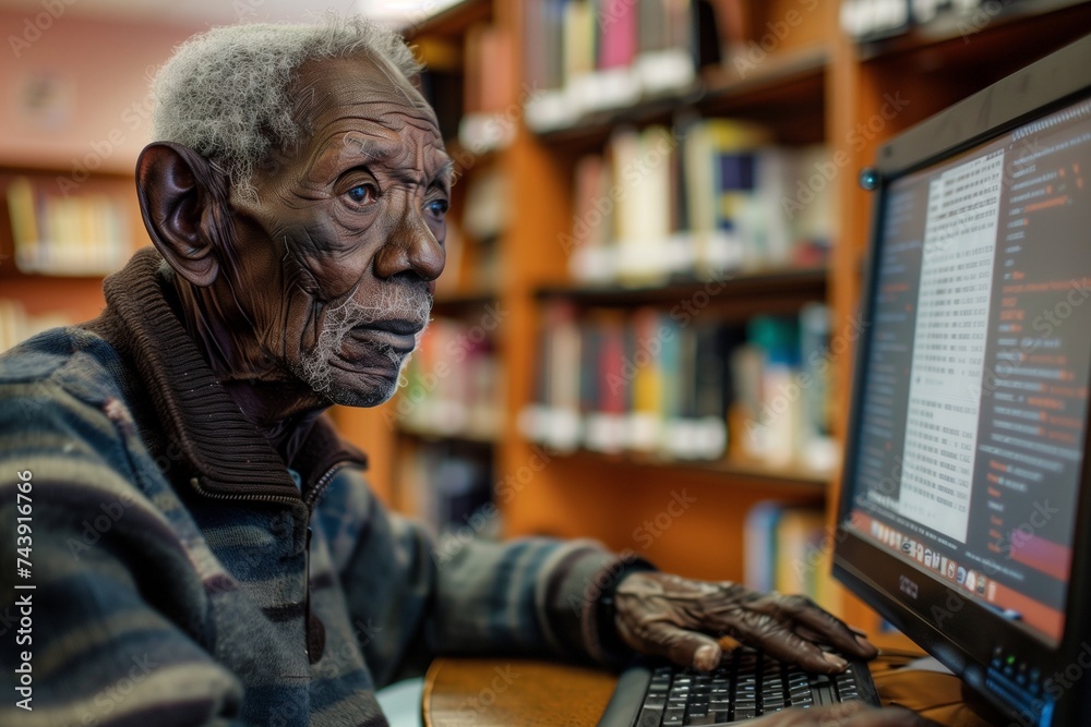 Elderly Man Researching on Computer in Library