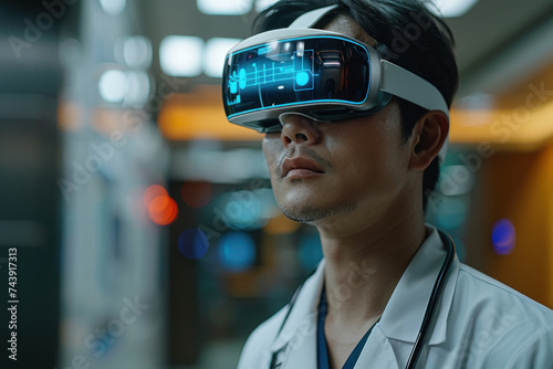 Asian man doctor with stethoscope in 3D virtual glasses in modern hospital